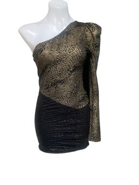 Symphony One-Shoulder Metallic Gold & Black Mini Dress
